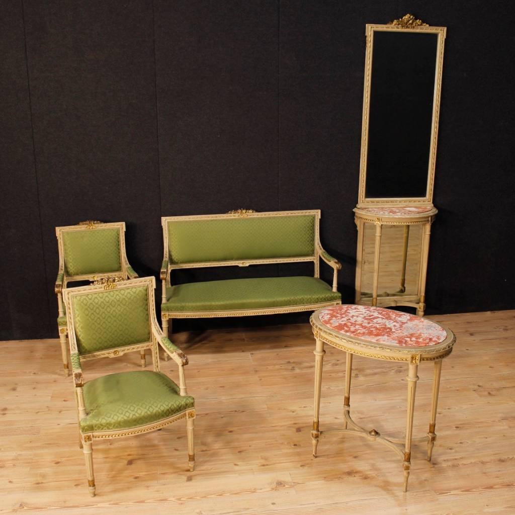 Pair of Italian Lacquered, Carved and Gilded Armchairs in Louis XVI Style  6