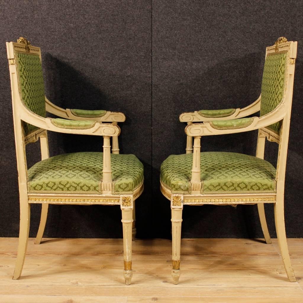 Pair of Italian Lacquered, Carved and Gilded Armchairs in Louis XVI Style  In Fair Condition In Vicoforte, Piedmont
