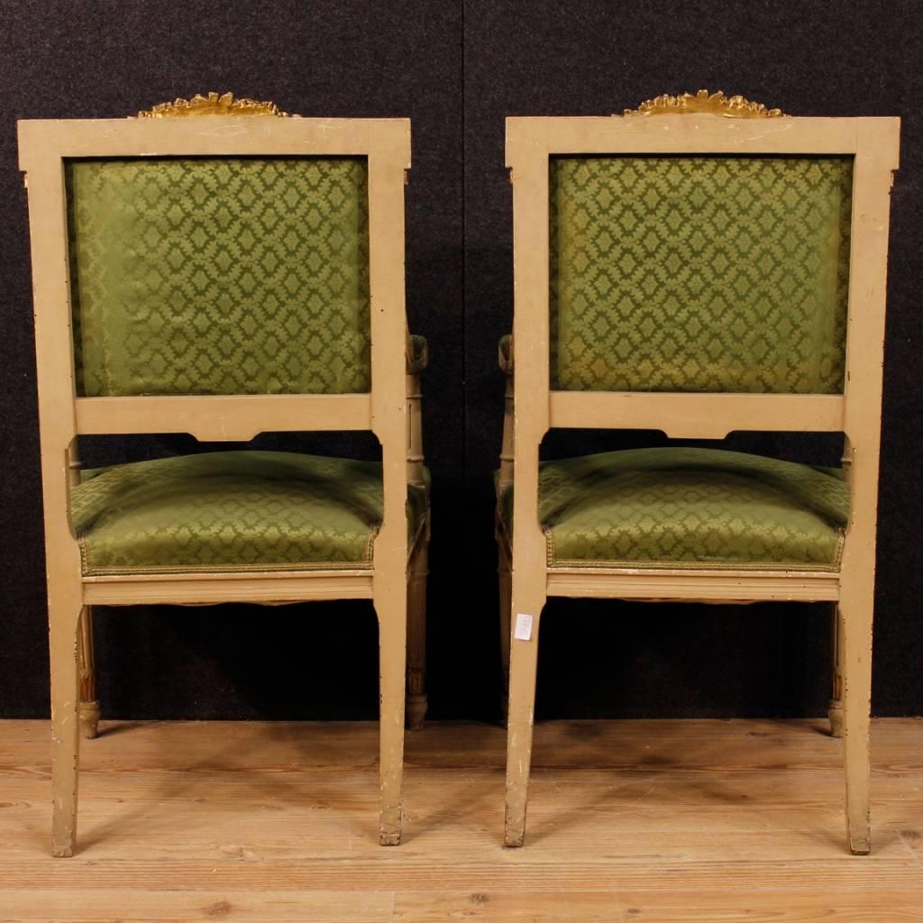 Mid-20th Century Pair of Italian Lacquered, Carved and Gilded Armchairs in Louis XVI Style 