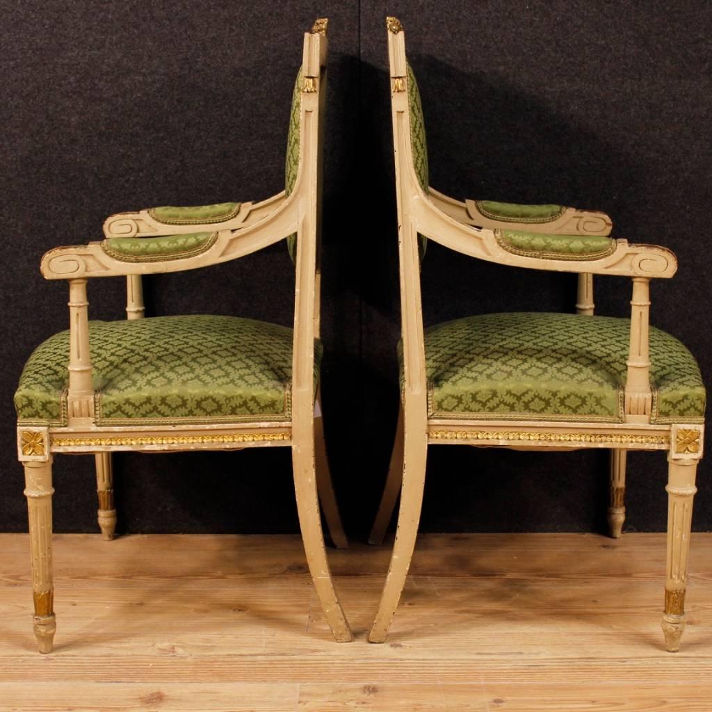 Fabric Pair of Italian Lacquered, Carved and Gilded Armchairs in Louis XVI Style 