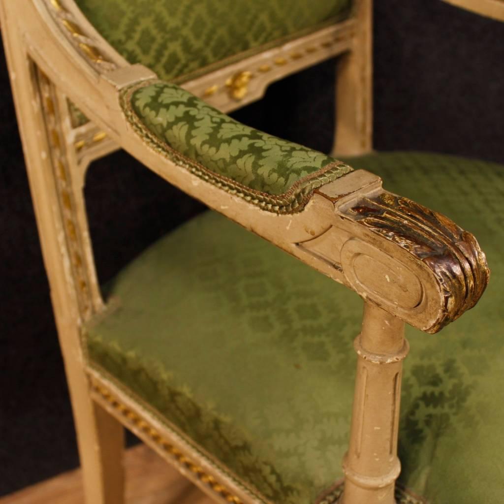 Pair of Italian Lacquered, Carved and Gilded Armchairs in Louis XVI Style  4