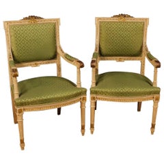 Pair of Italian Lacquered, Carved and Gilded Armchairs in Louis XVI Style 