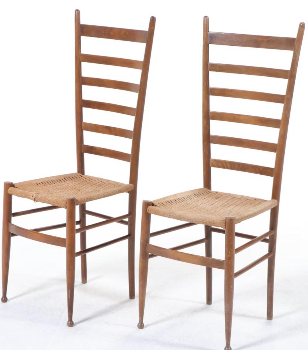 Pair of Italian Ladder Back Chairs with Woven Rush Seats, Gio Ponti attributed. im Angebot 1