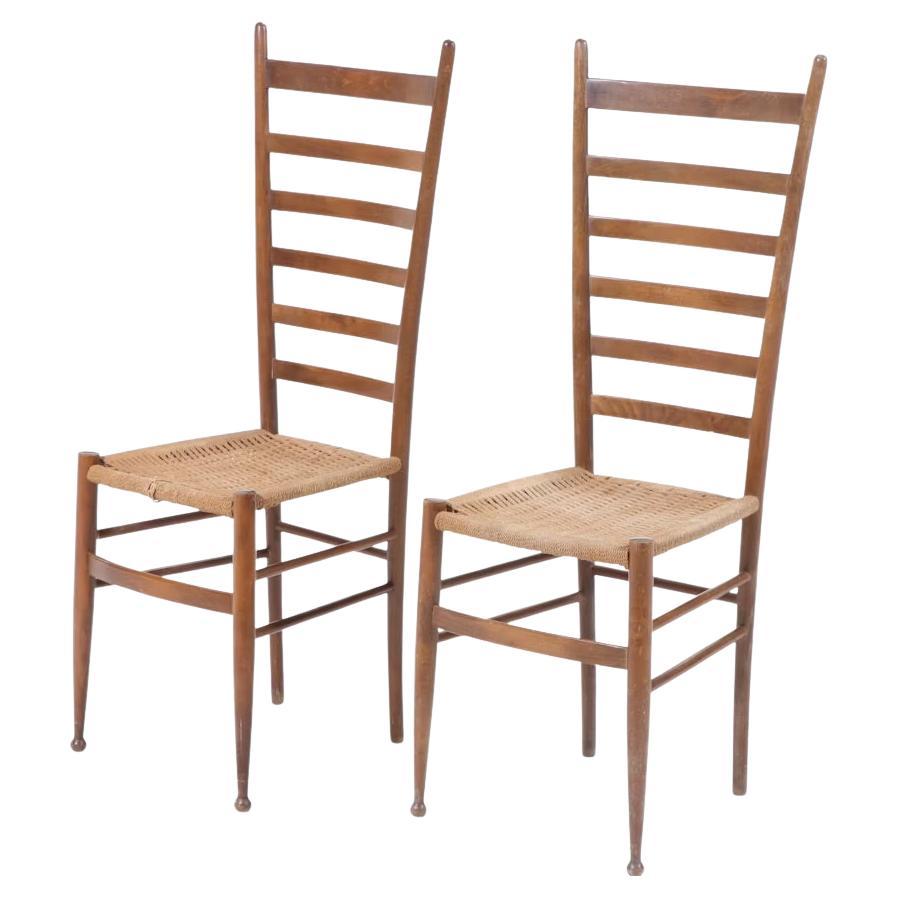 Pair of Italian Ladder Back Chairs with Woven Rush Seats, Gio Ponti attributed.