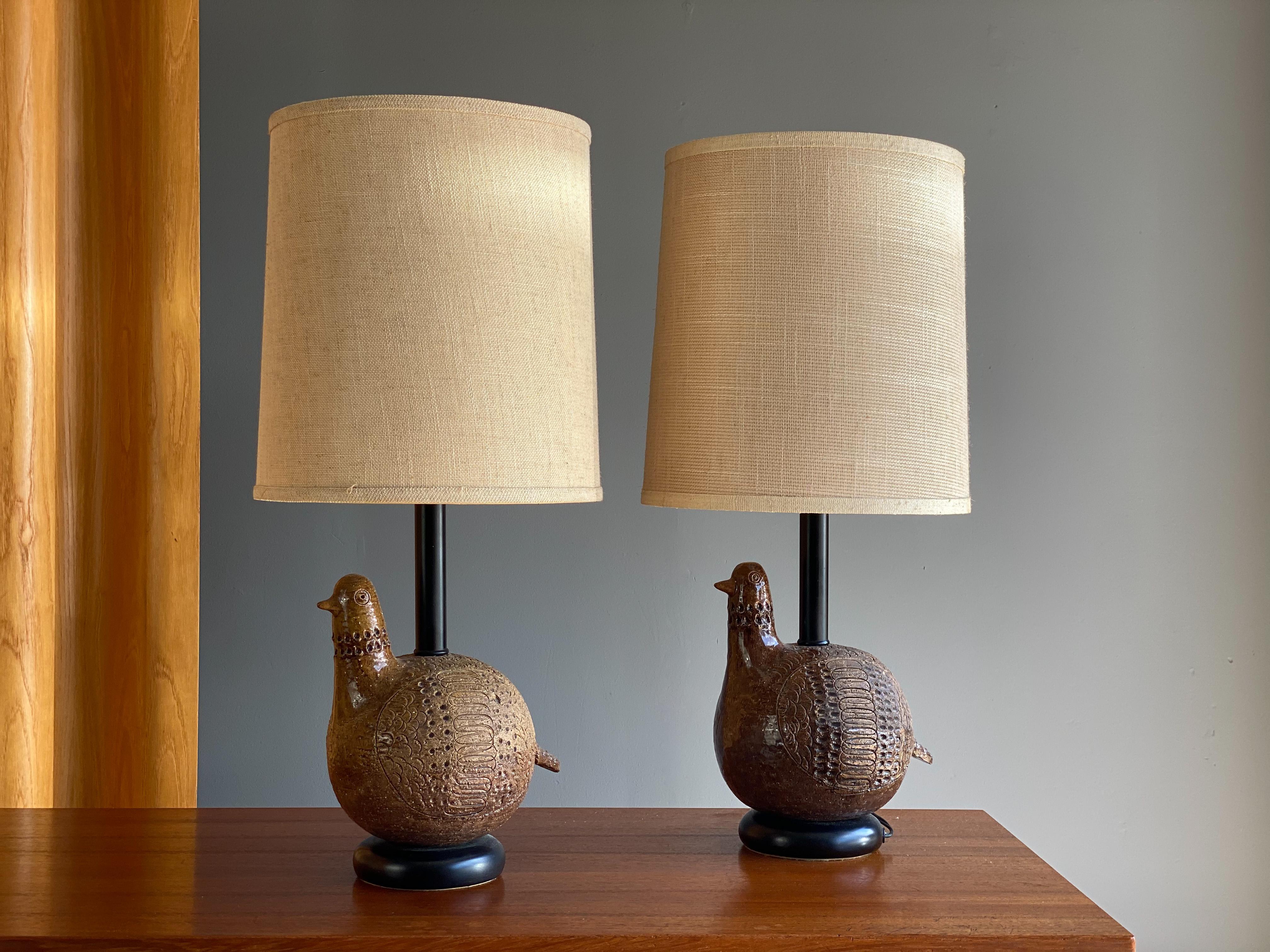 Wonderful pair of Italian lamps designed by Aldo Londi for Bitossi. Each partridge is hand decorated neutral/brown ceramic. 

Measures: Each lamp w/ shade 11”W x 11”D x 24”H 
Ceramic portion 7”W x 10”D x 10”H.