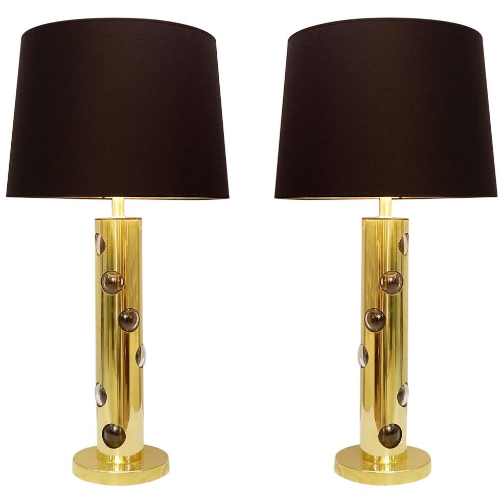 Pair of Italian Lamps in Brass and Glass Bulb For Sale