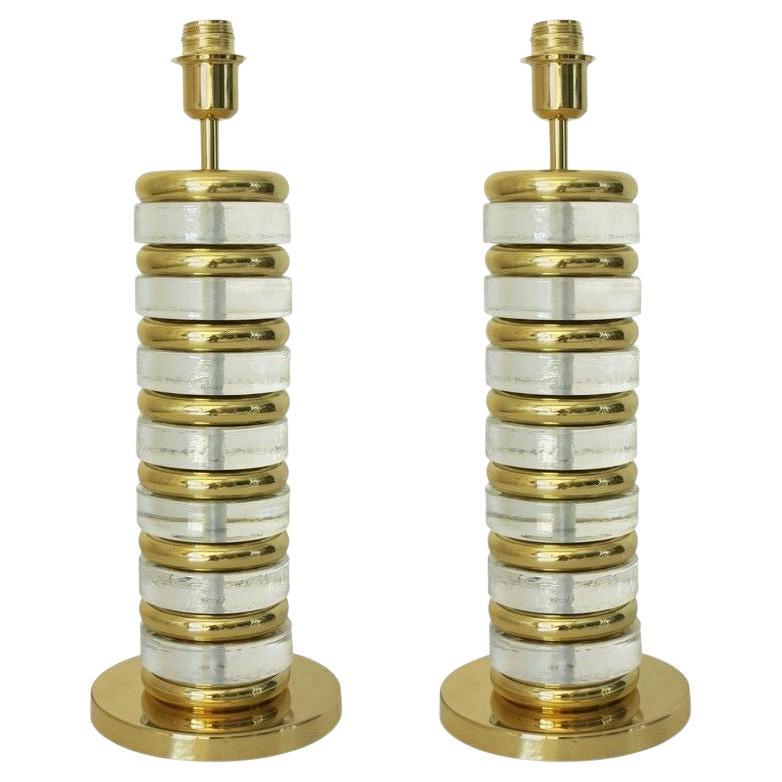 Pair of Italian Lamps with Clear Murano Glass and Polished Brass Frames For Sale