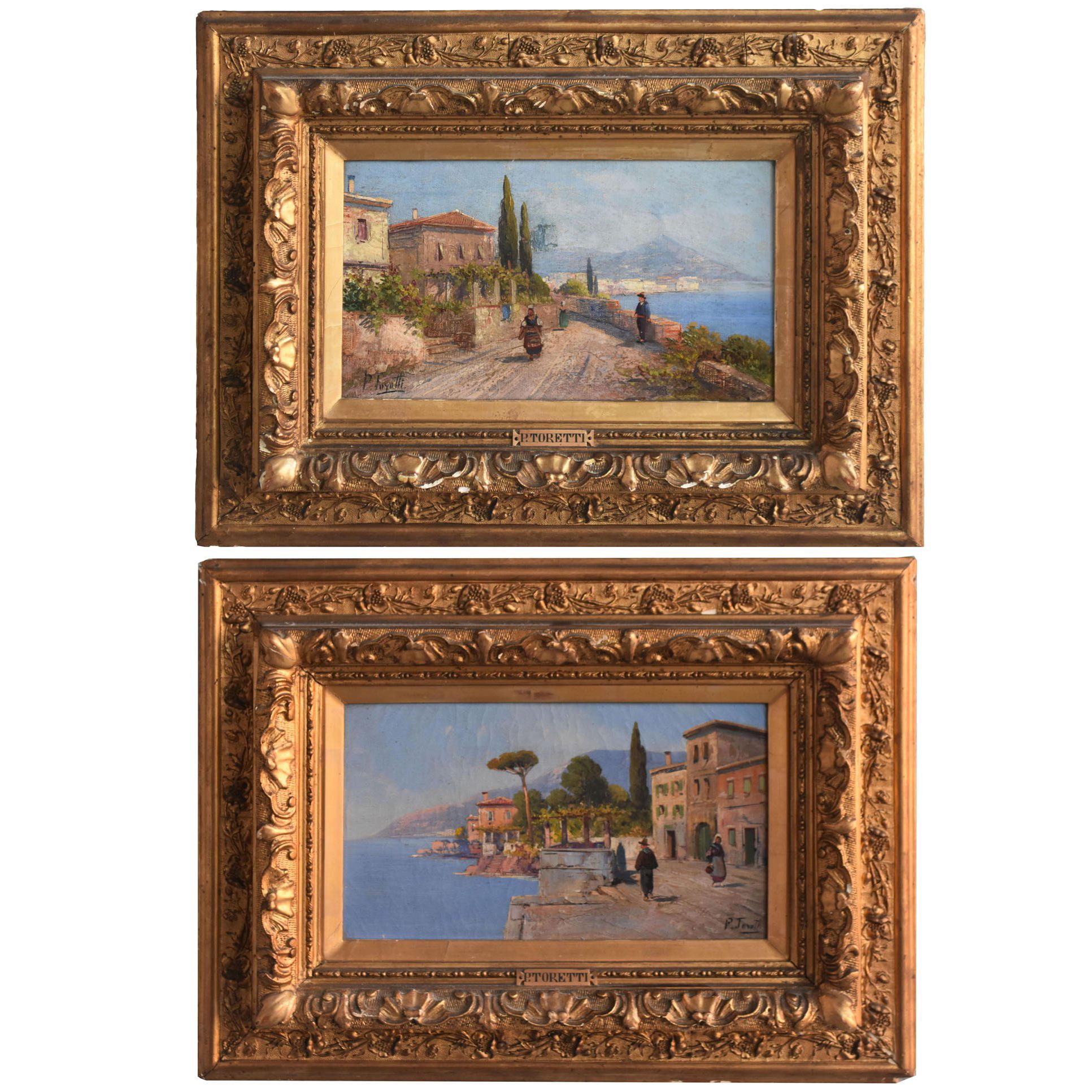 Pair of Italian Landscape Oil on Canvas Signed Pietro Toretti