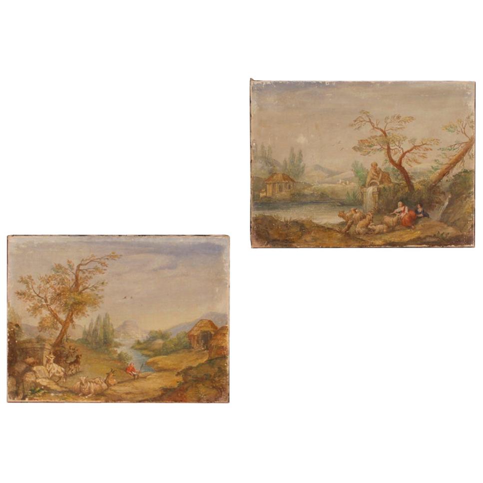 Pair of Italian paintings from the mid-20th century. Tempera on beautifully decorated canvas depicting 18th century style landscapes. Paintings of good size and pleasant furnishings, missing frames. They show small drops in color and signs of aging,