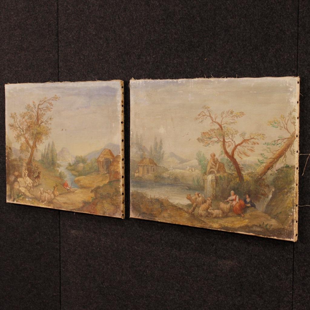 Pair of Italian Landscape Paintings Tempera on Canvas, 20th Century For Sale 3