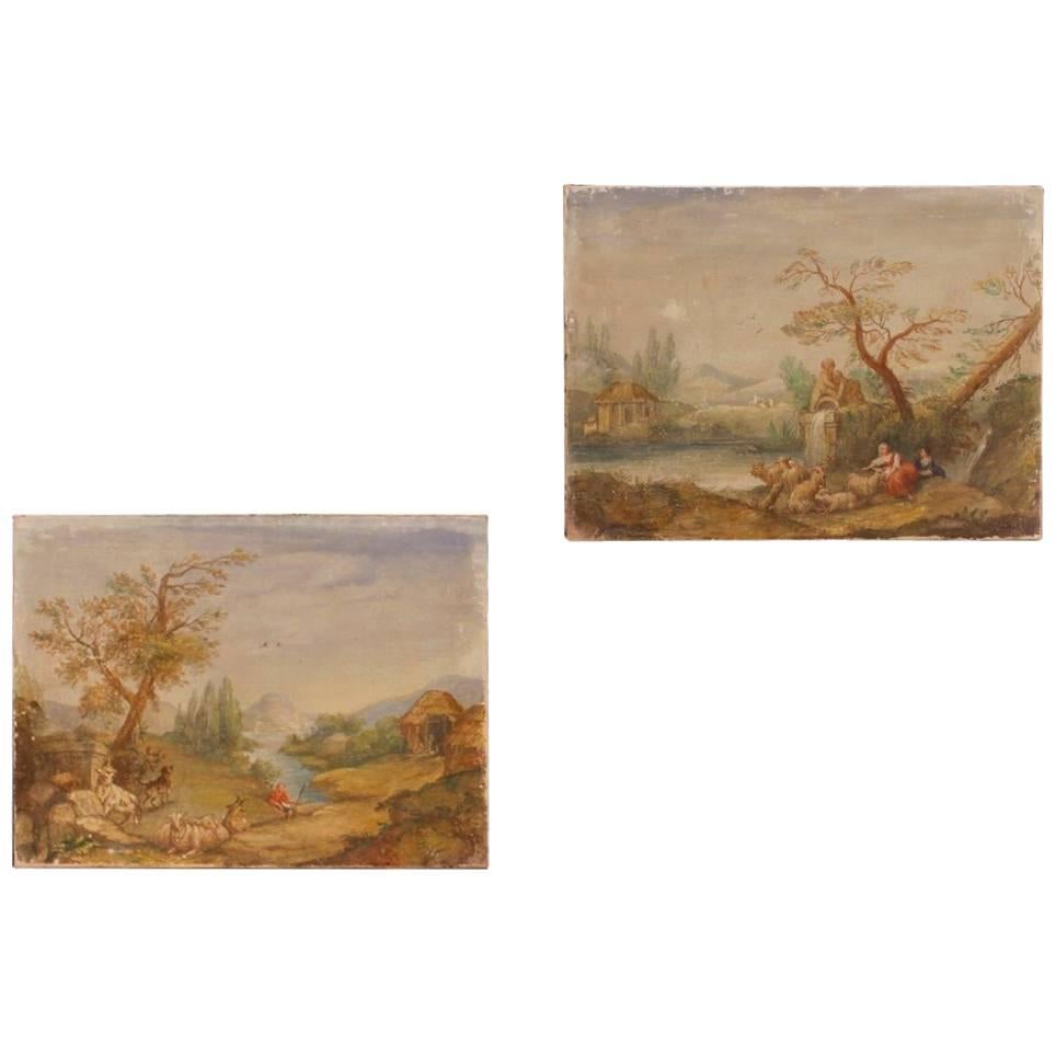 Pair of Italian Landscape Paintings Tempera on Canvas from 20th Century
