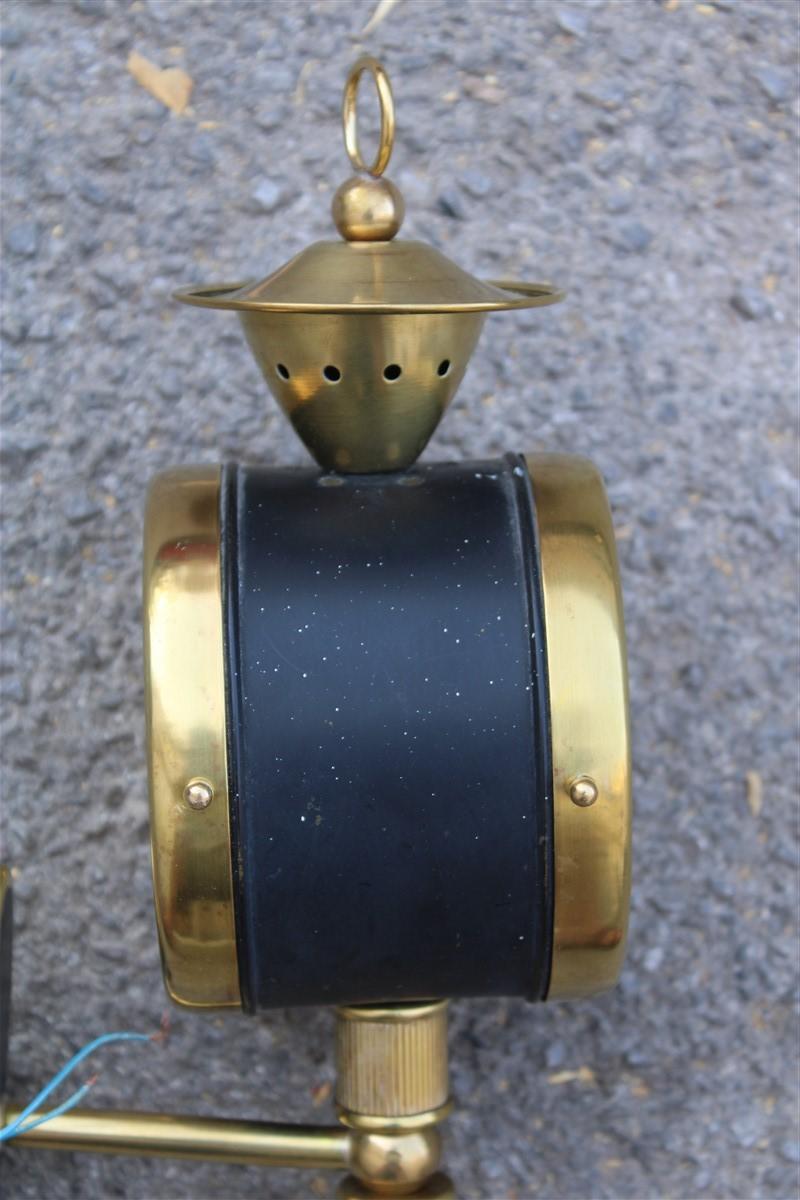 European Pair of Italian Lantern Sconces from 1950 in Brass Gold Enameled Metal Black For Sale