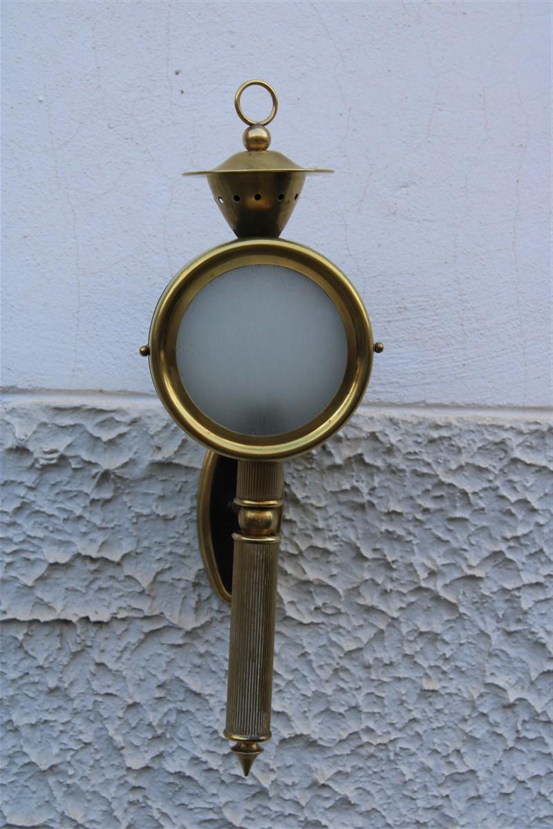 Mid-20th Century Pair of Italian Lantern Sconces from 1950 in Brass Gold Enameled Metal Black For Sale