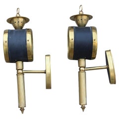 Vintage Pair of Italian Lantern Sconces from 1950 in Brass Gold Enameled Metal Black