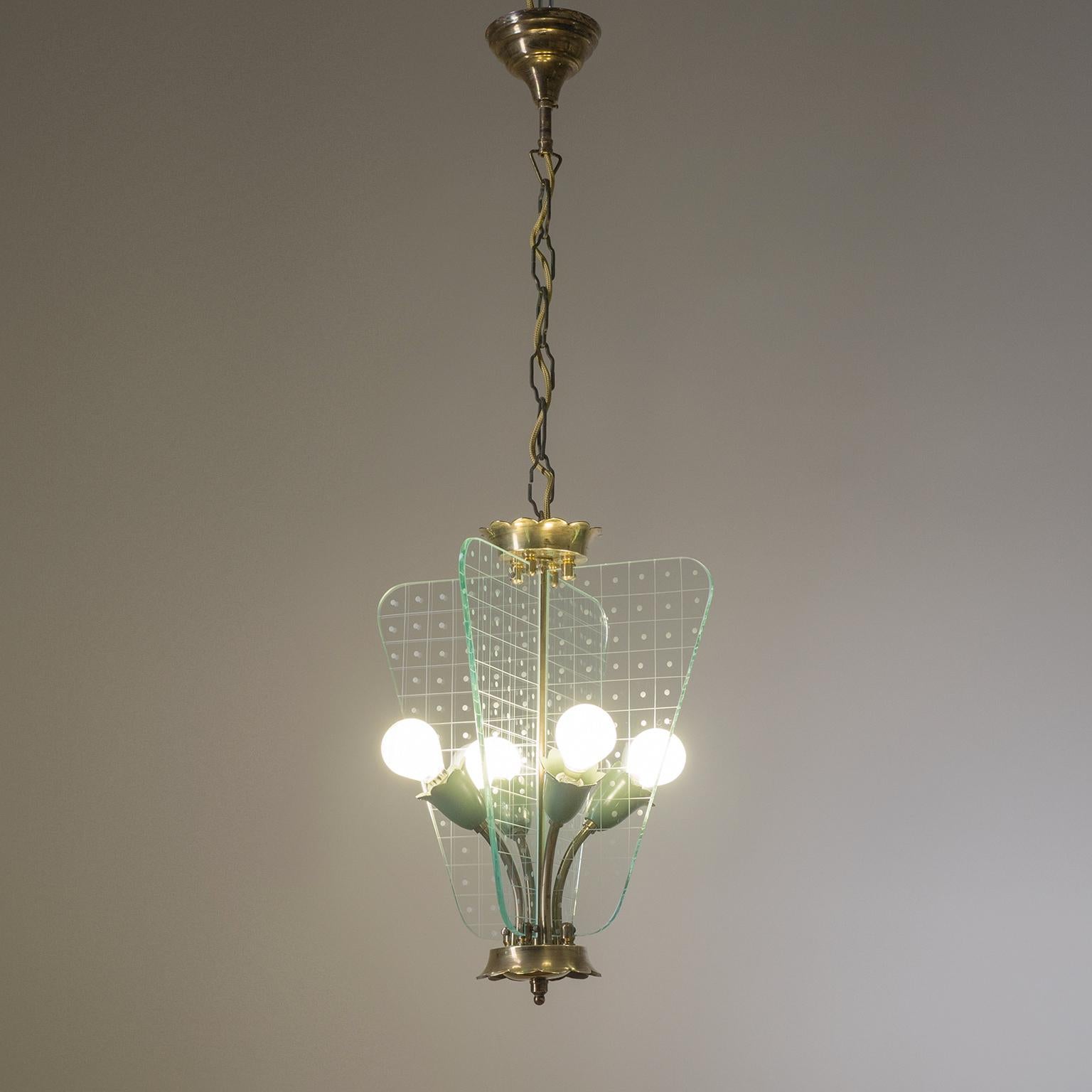 Art Deco Pair of Italian Lanterns, 1940s, Brass and Cut Glass