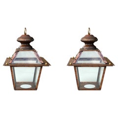 Used Pair of Italian Lanterns in Tuscan Copper with Ring Early 20th Century