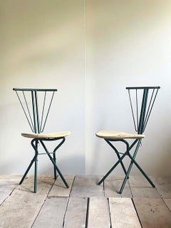 Sillas plegables LaPalma, metal verde oscuro y cordón trenzado, Italia, década de 1970