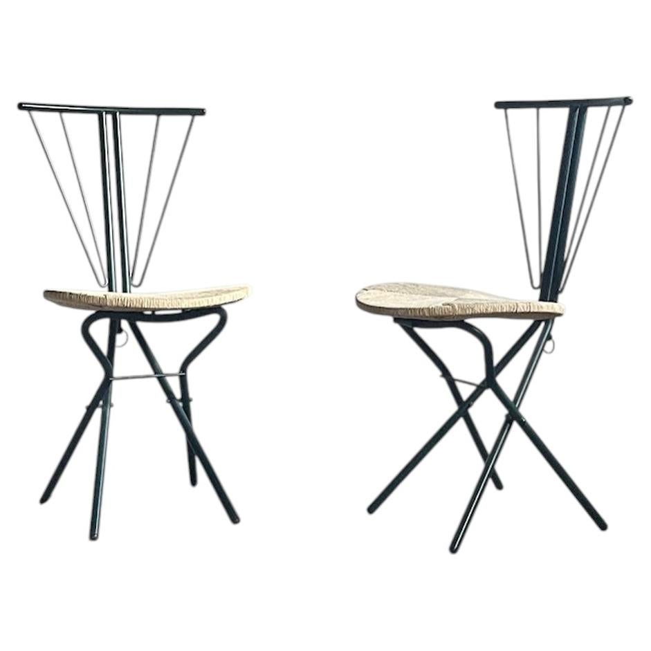 LaPalma Folding Chairs, Dark Green Metal & Woven Cord, Italy, 1970s For Sale