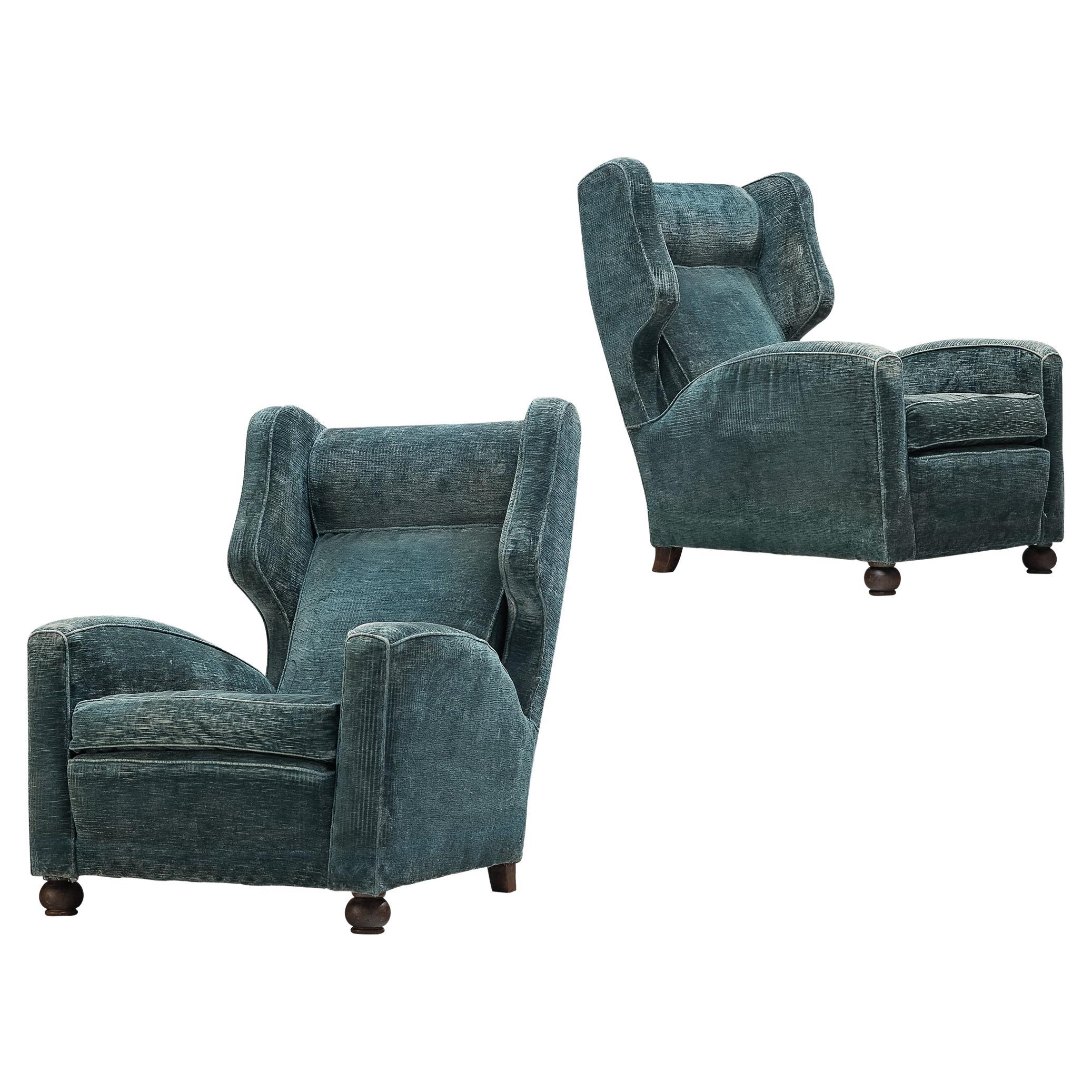 Pair of Italian Large Lounge Chairs in Blue Velvet 