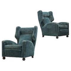 Vintage Pair of Italian Large Lounge Chairs in Blue Velvet 
