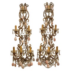 Pair of Italian Large Scale Beaded and Rose Quartz Sconces