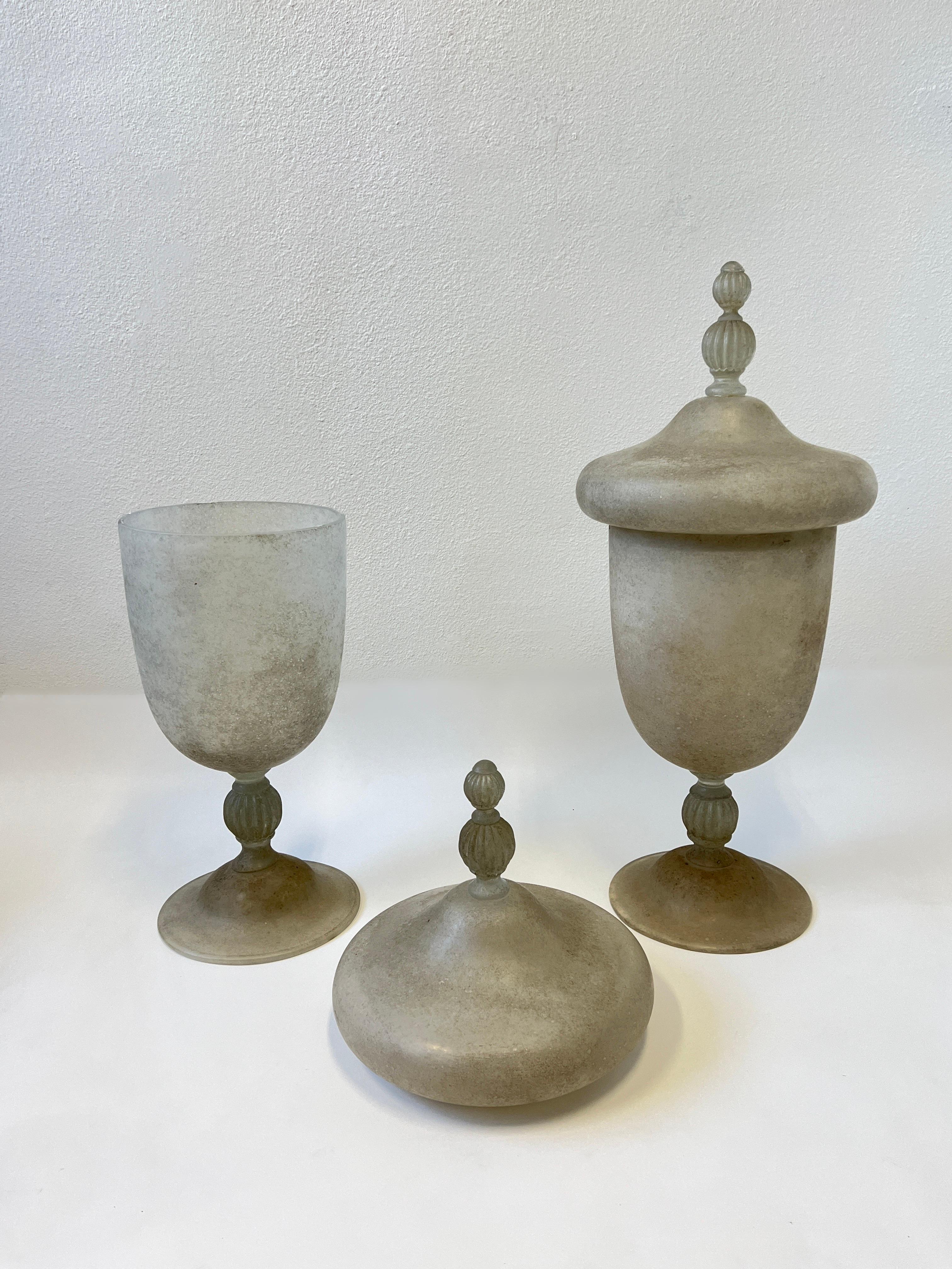Modern Pair of Italian Large Scavo Murano Glass Vases