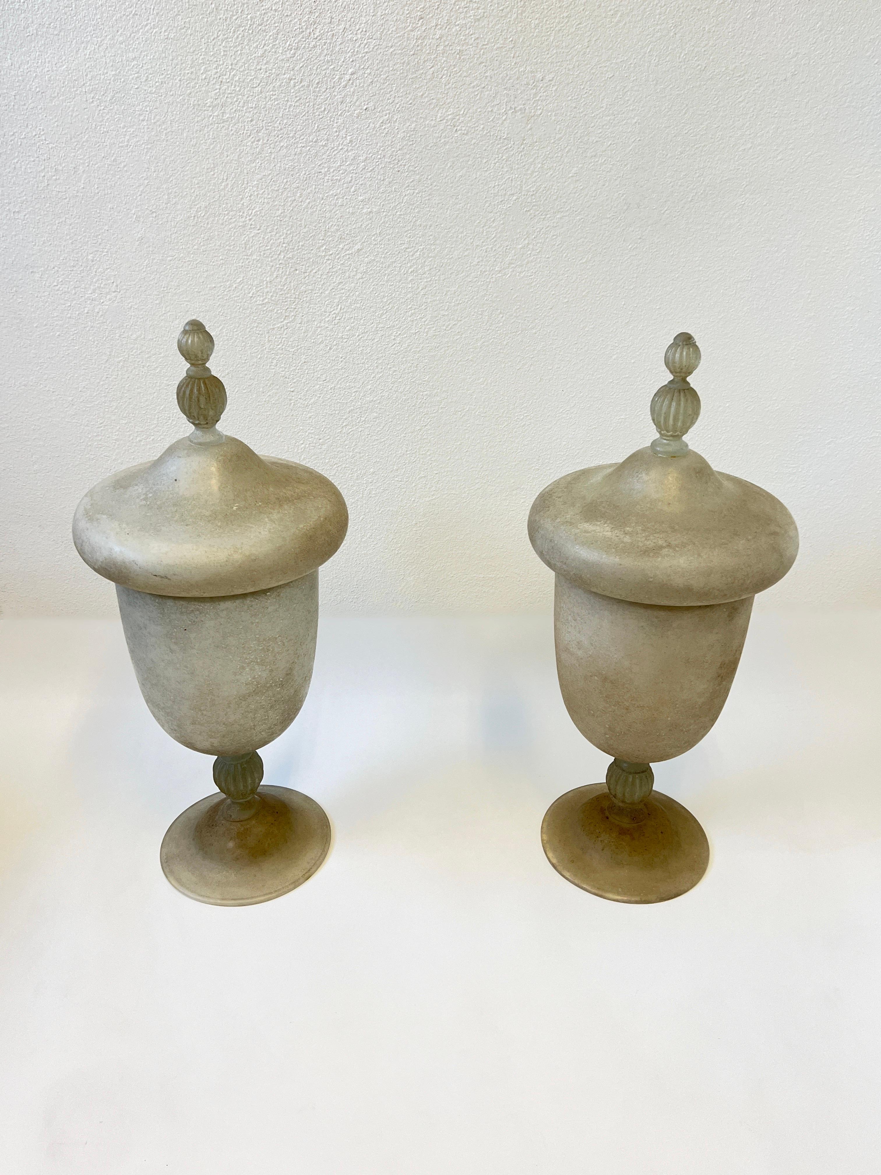 Pair of Italian Large Scavo Murano Glass Vases 1