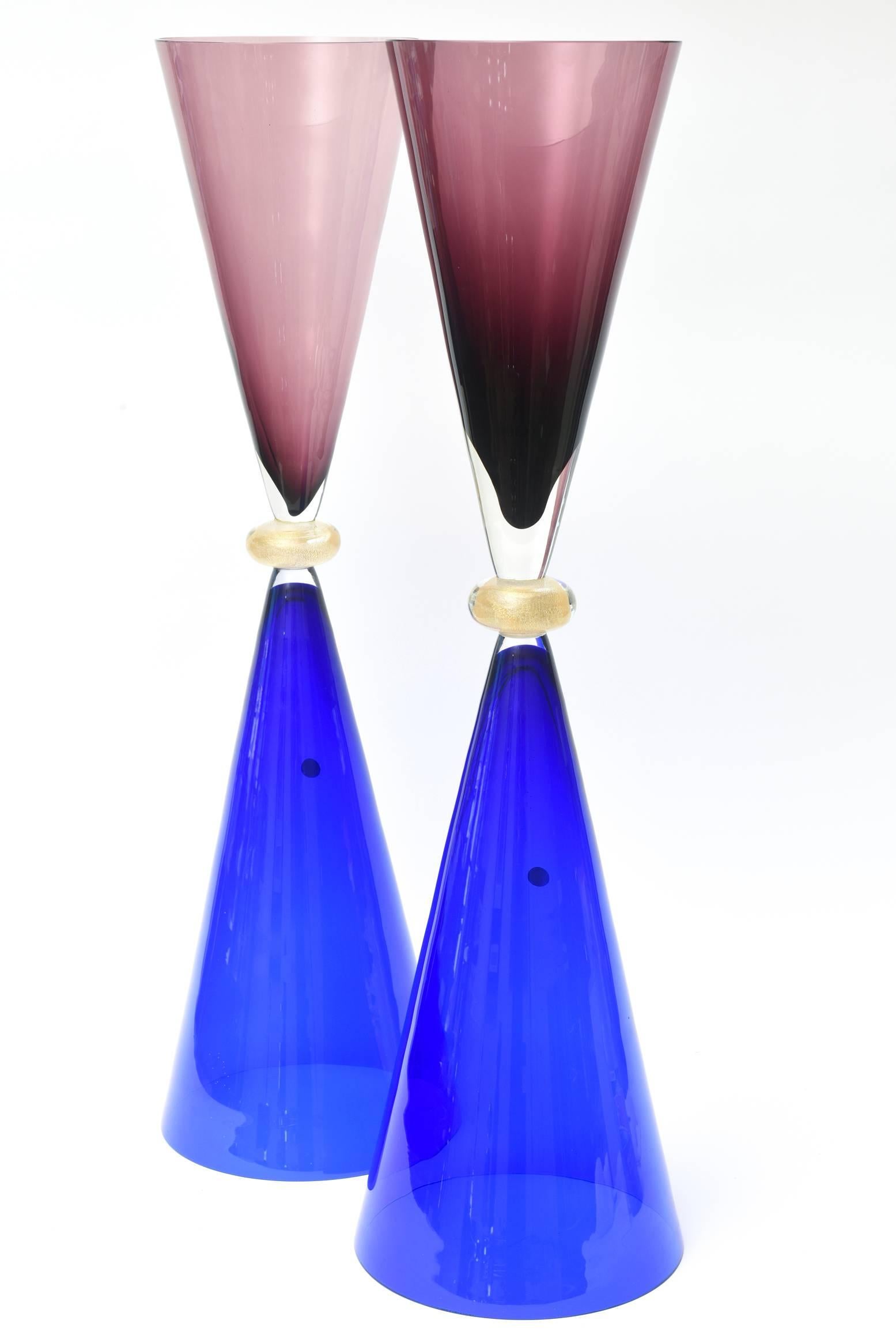 Moderne Seguso for Oggetti Murano Blue Purple Glass Sculptures , Vases Italian Pair 80's en vente