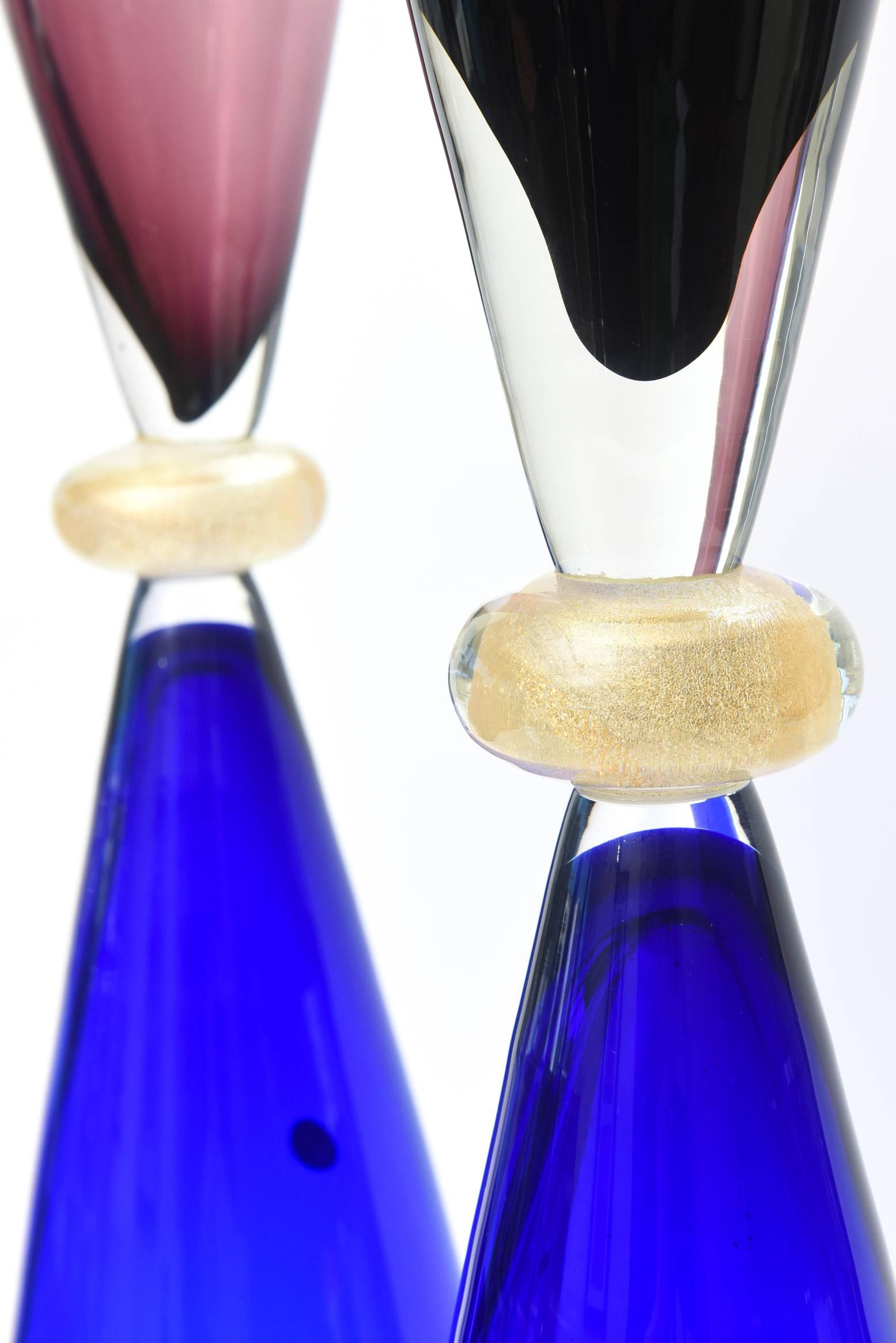 Modern Seguso for Oggetti Murano Blue Purple Glass Sculptures , Vases Italian Pair 80's For Sale