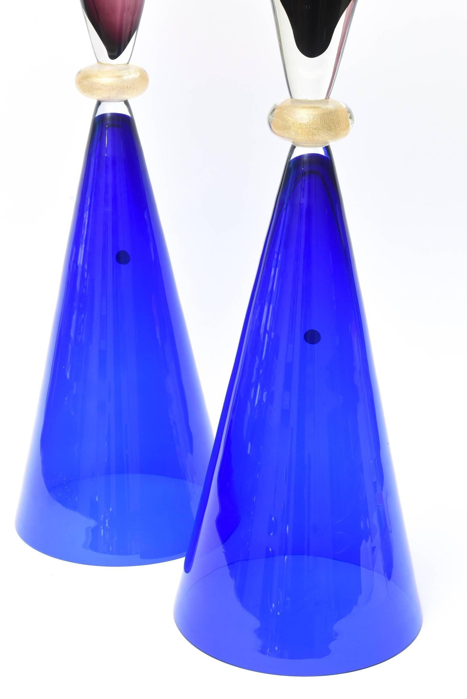 Blown Glass Seguso for Oggetti Murano Blue Purple Glass Sculptures , Vases Italian Pair 80's For Sale