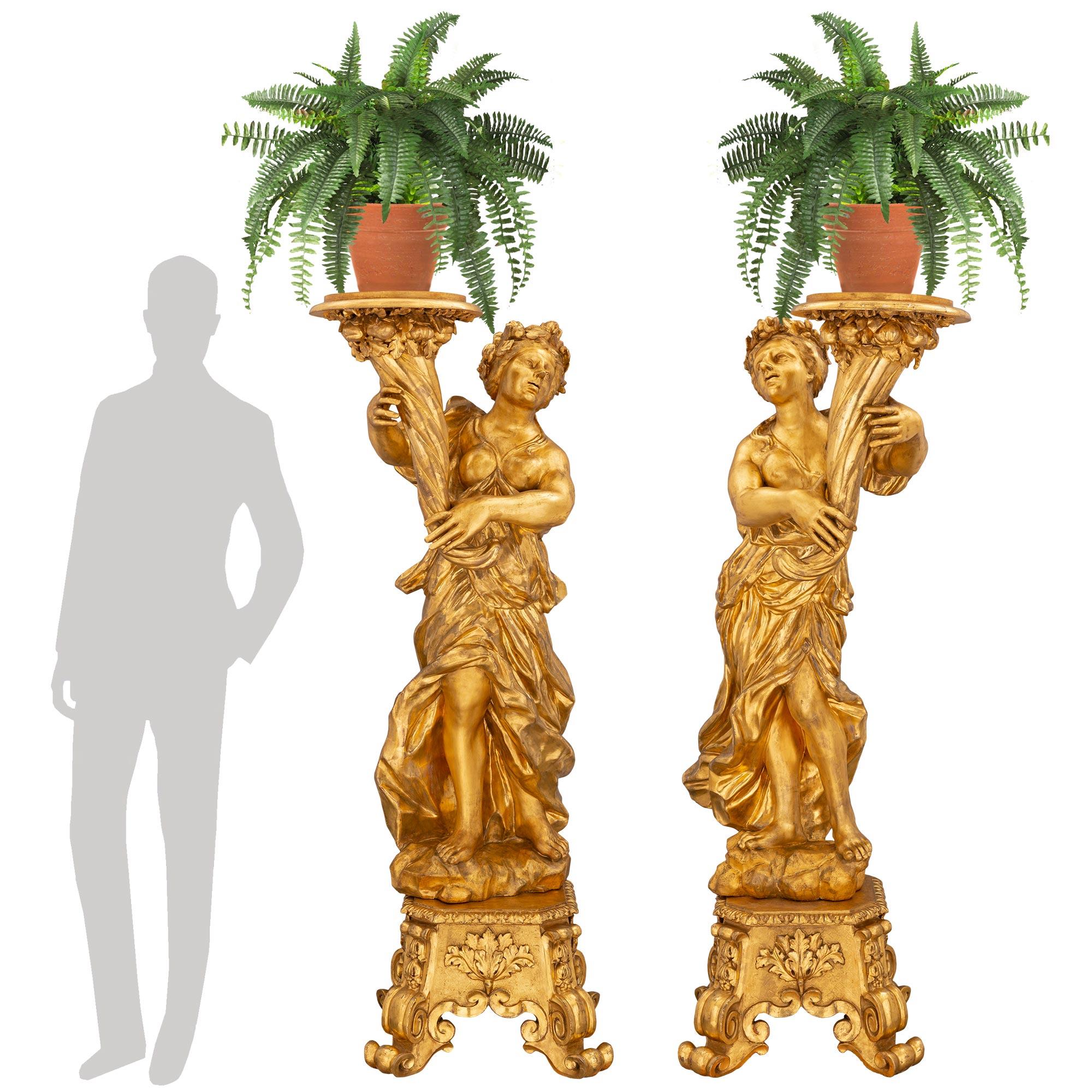 Paire de torchères italiennes en bois doré de la fin du XVIIe siècle de la période baroque en vente