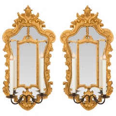 Antique Pair of Italian Late 18th Century Giltwood Mirrored Sconces