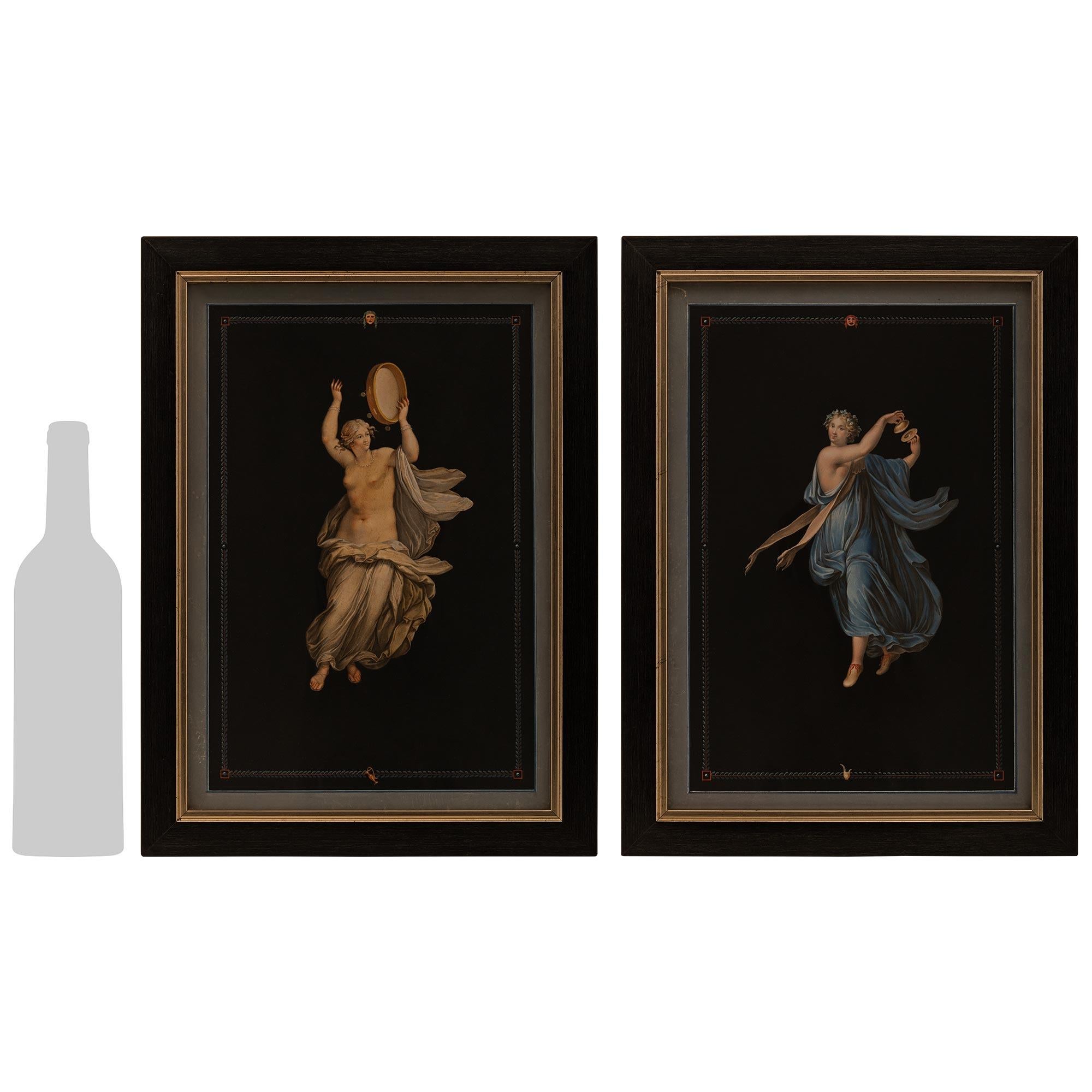 An elegant and finely detailed pair of Italian late 18th century Gouache and Silvered Wood paintings, in the manner of Michelangelo Maestri. Each truly stunning painting of maidens playing musical instruments is framed within a Silvered wood