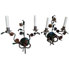 Antique Pair of Italian Late 18th Century Painted Toile Floral Sconces with Two Lights
