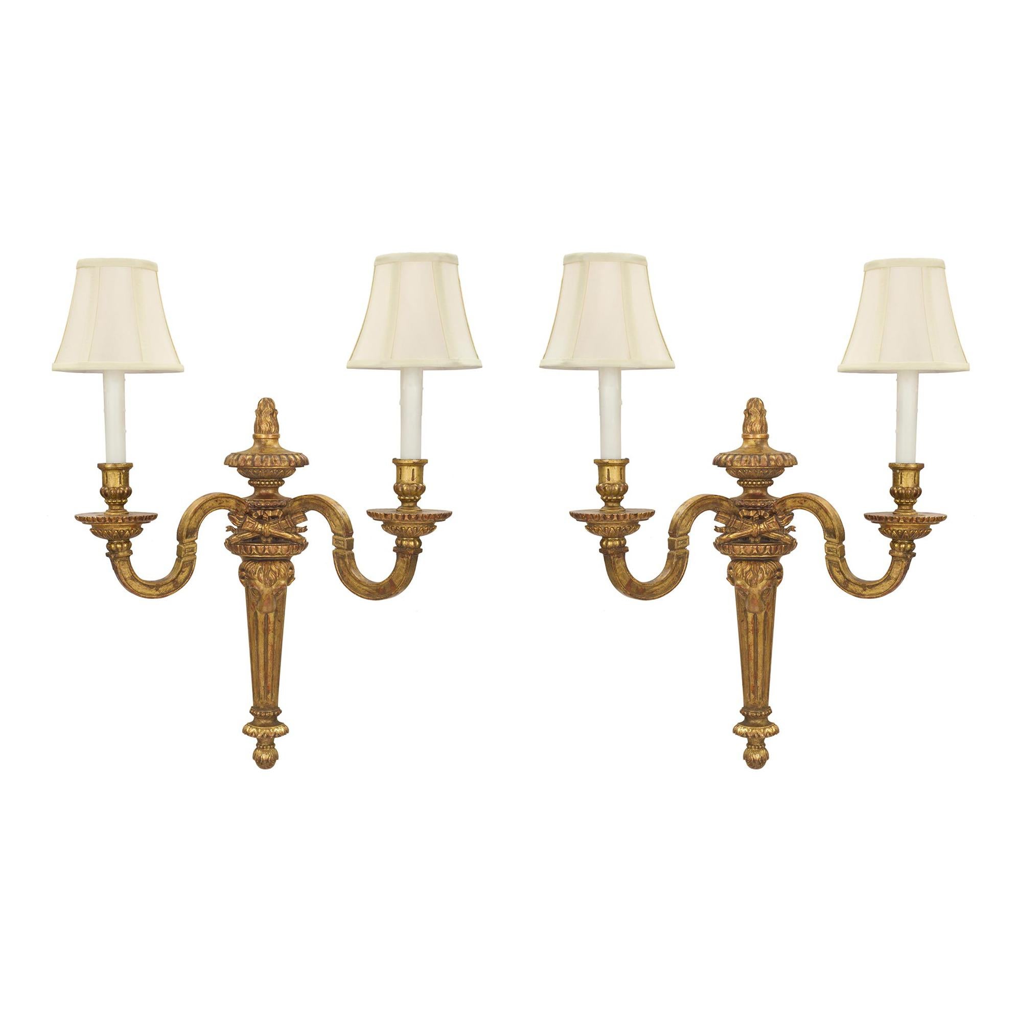 Pair of Italian Late 19th Century Louis XVI Style Giltwood Sconces For Sale