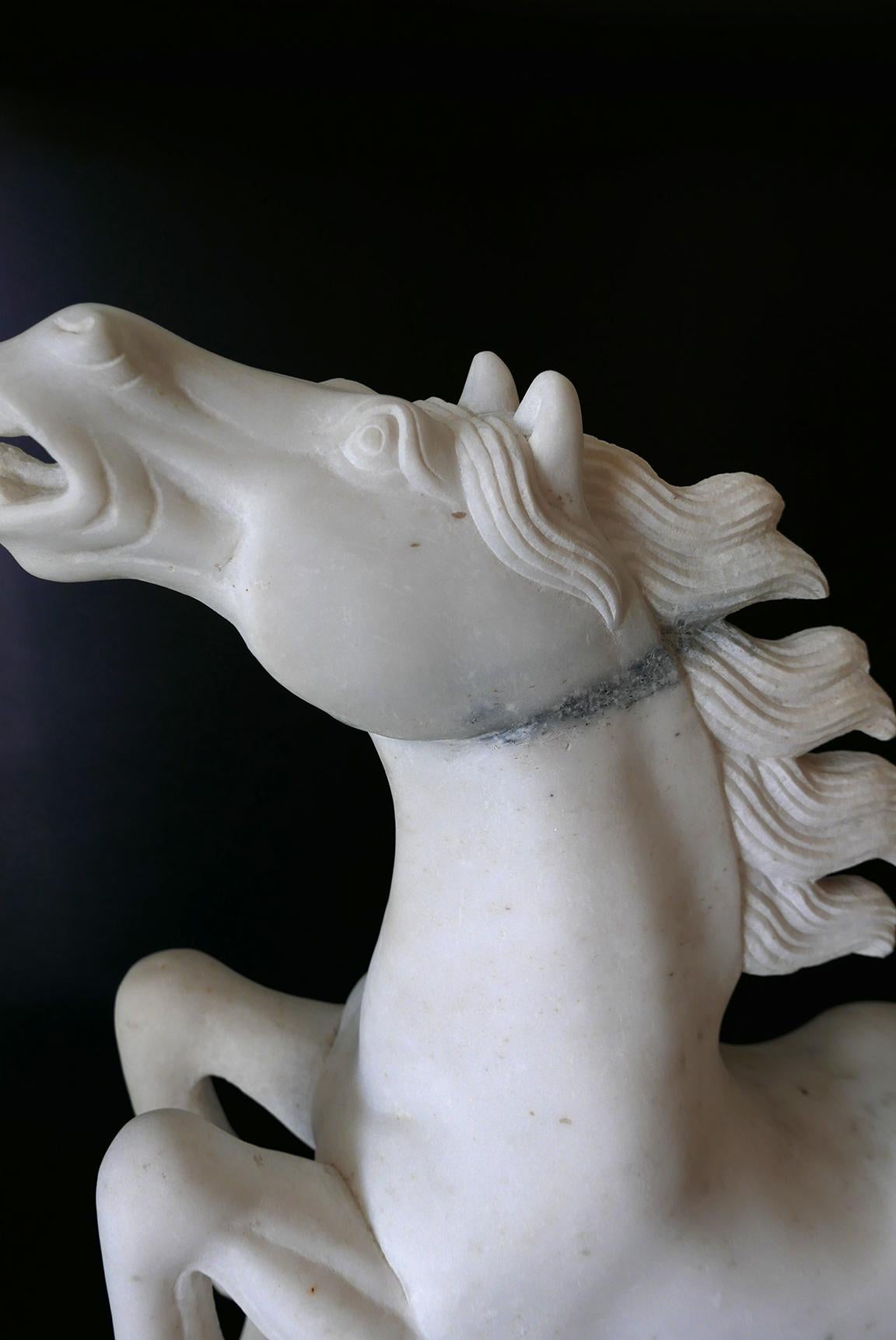Pair of Italian Late Art Deco White Carrera Marble Figures of Stallions 1