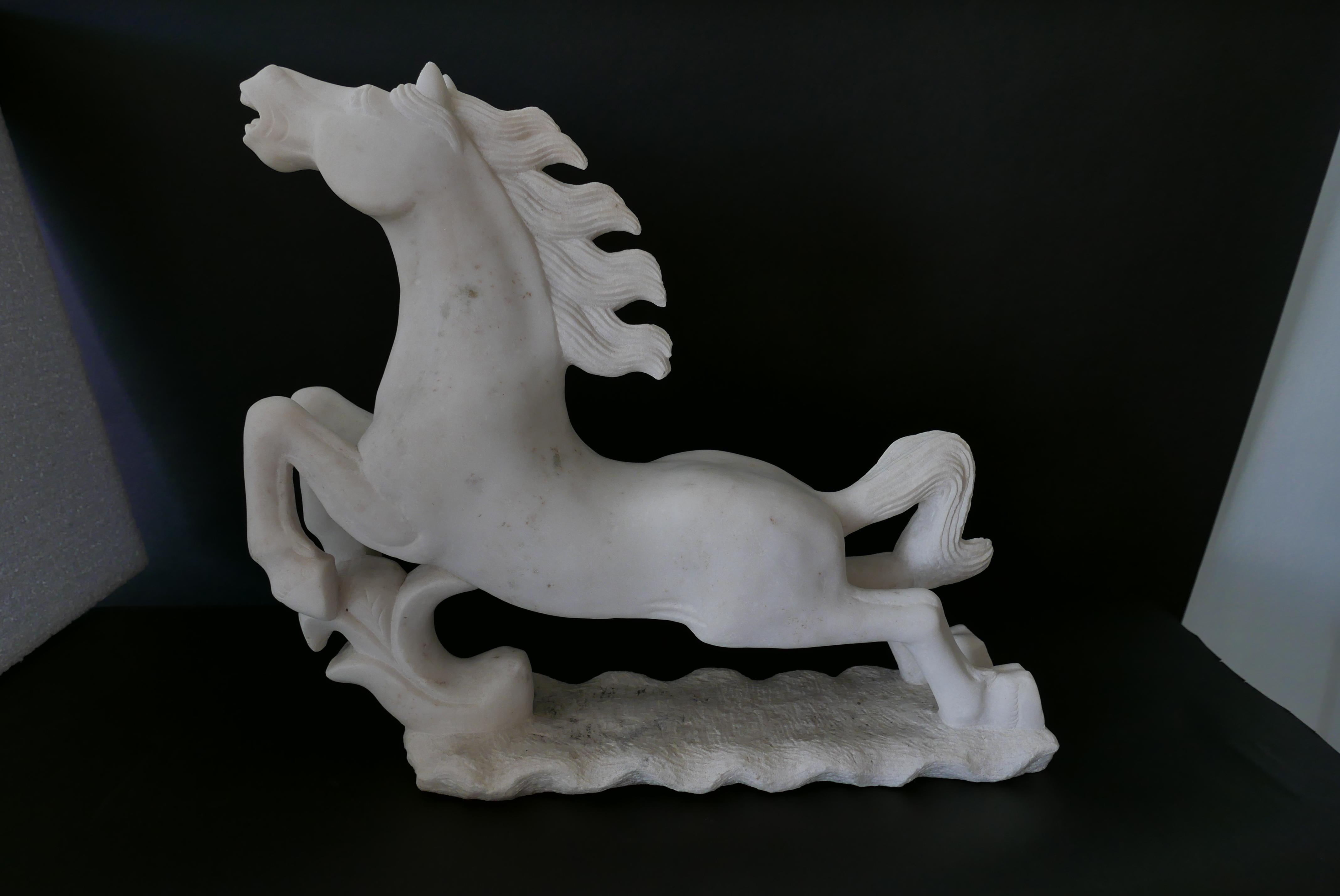 Pair of Italian Late Art Deco White Carrera Marble Figures of Stallions 3