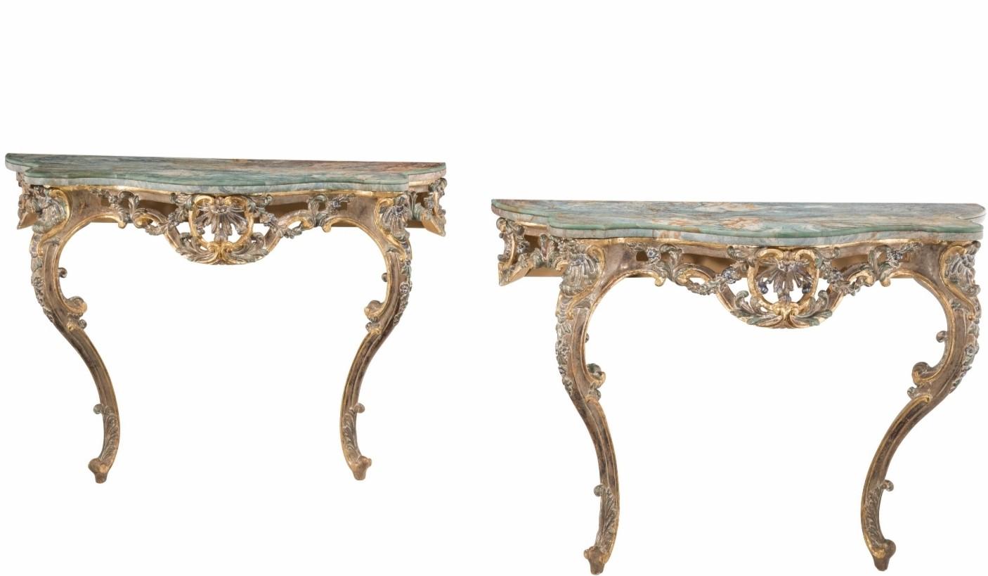 Pair of Italian Late Baroque Rococo Style Carved Polychrome Gilt Wood Consoles 7