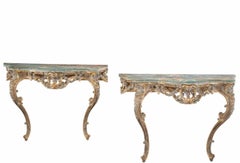 Pair of Italian Late Baroque Rococo Style Carved Polychrome Gilt Wood Consoles