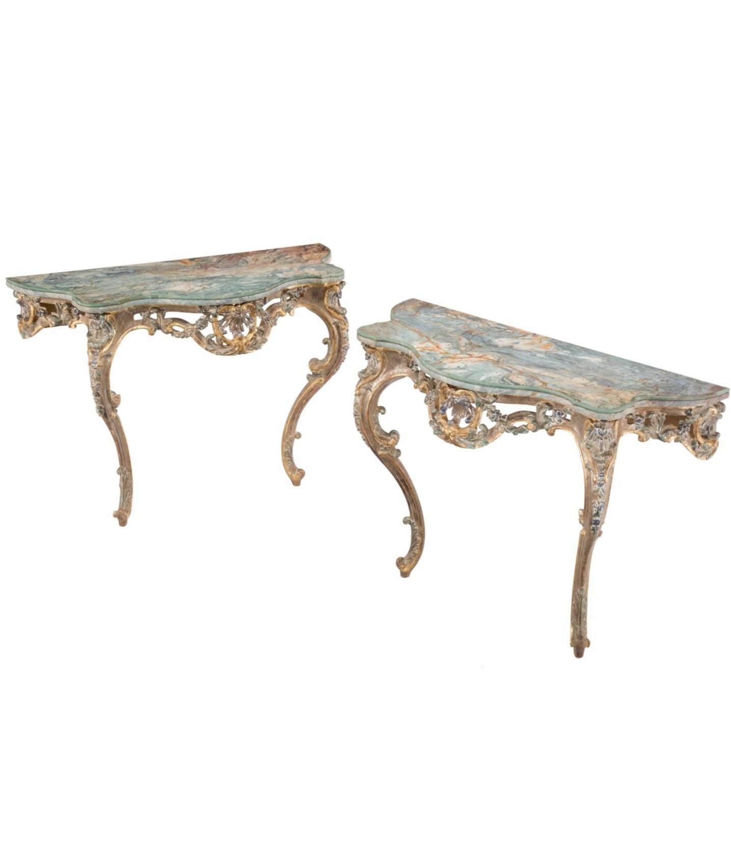 Hand-Carved Pair of Italian Late Baroque Rococo Style Carved Polychrome Gilt Wood Consoles