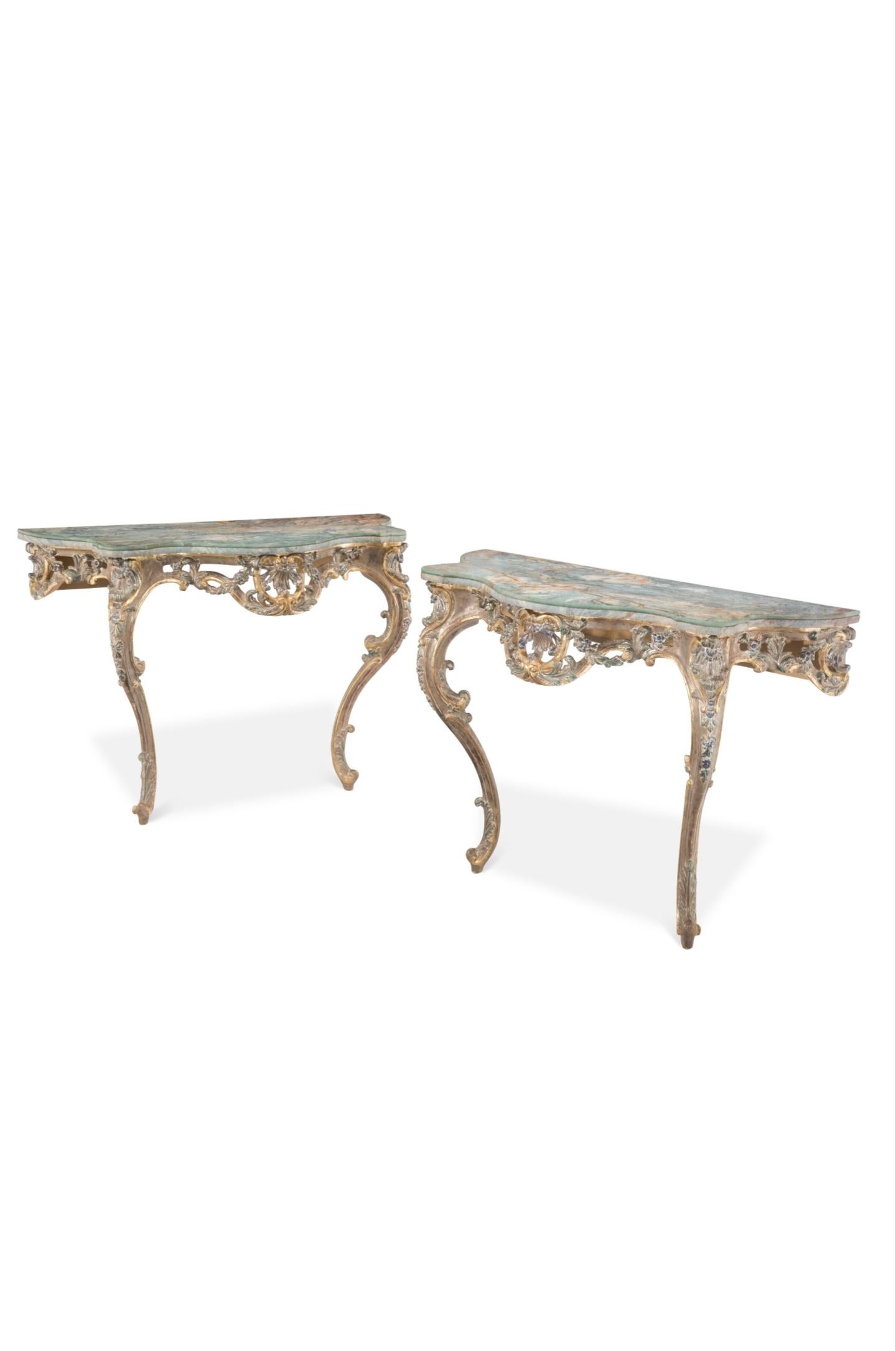 Pair of Italian Late Baroque Rococo Style Carved Polychrome Gilt Wood Consoles In Good Condition In Forney, TX