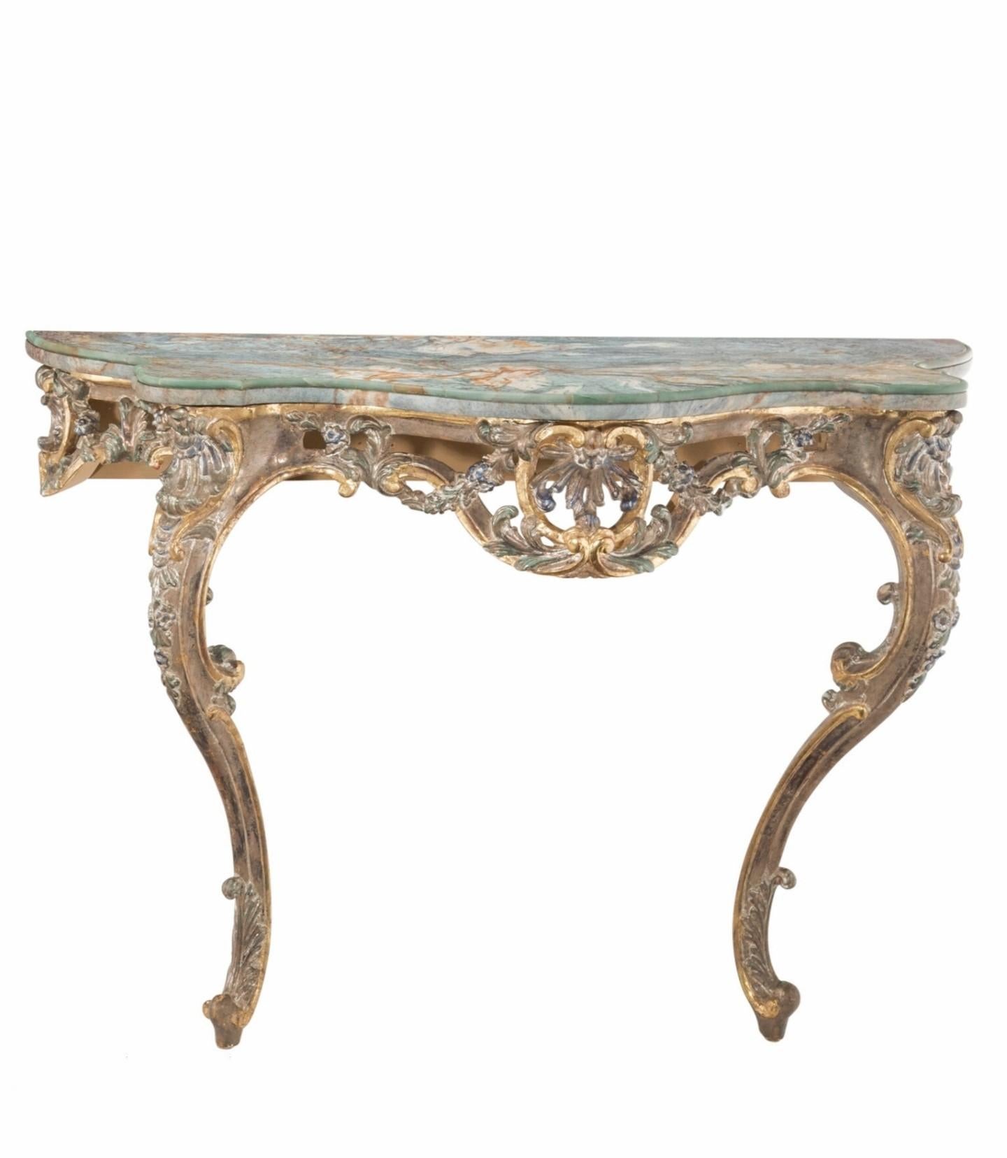 20th Century Pair of Italian Late Baroque Rococo Style Carved Polychrome Gilt Wood Consoles