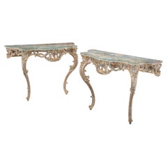 Pair of Italian Late Baroque Rococo Style Carved Polychrome Gilt Wood Consoles