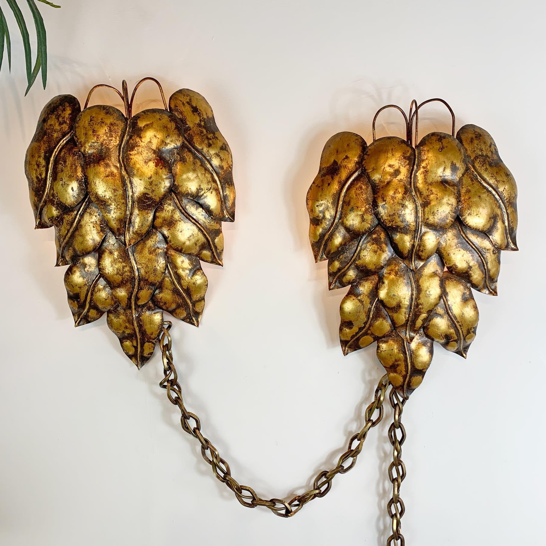Pair of Gold Italian Leaf and Chain Swag Wall Lights, 1950's For Sale 4