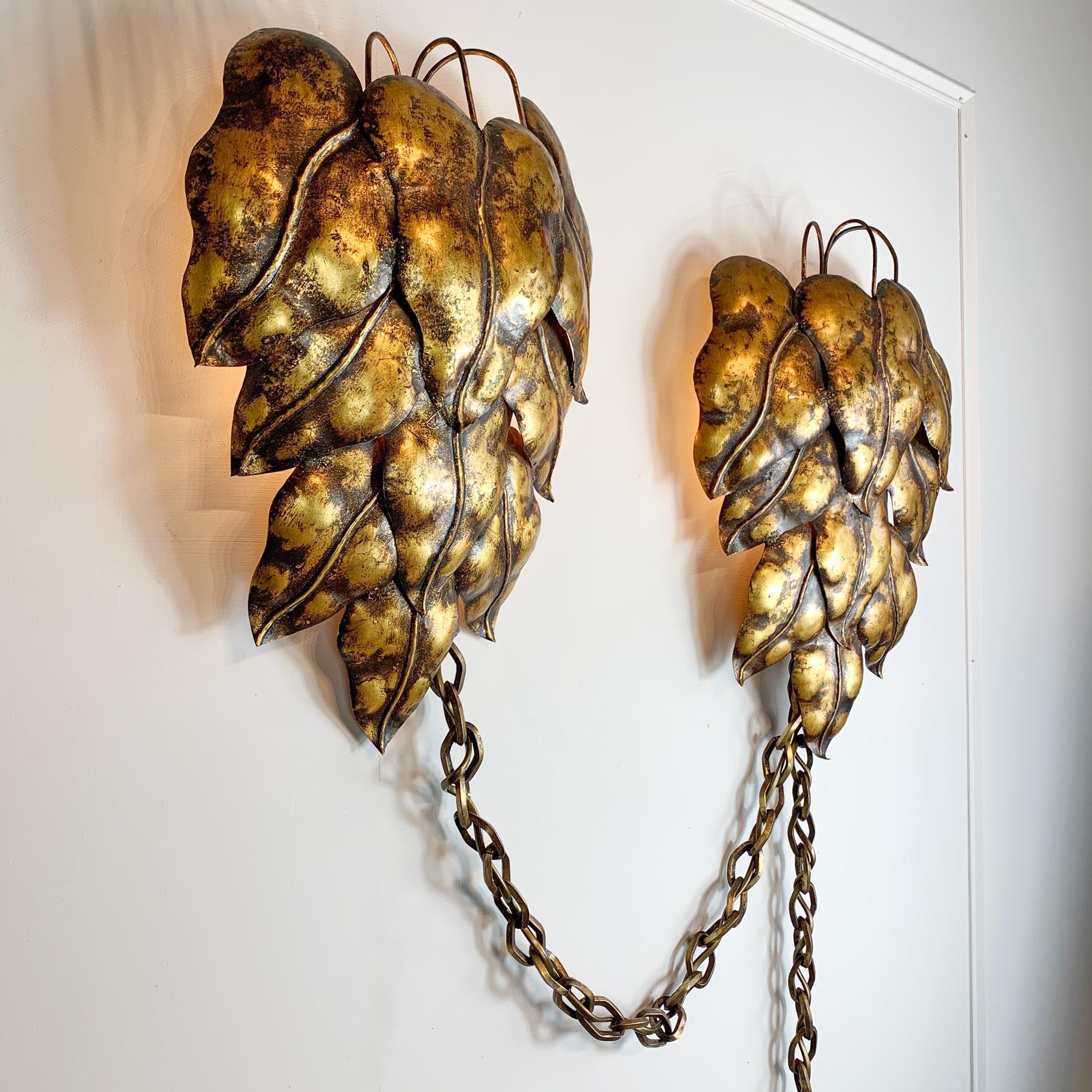 Pair of Gold Italian Leaf and Chain Swag Wall Lights, 1950's For Sale 1