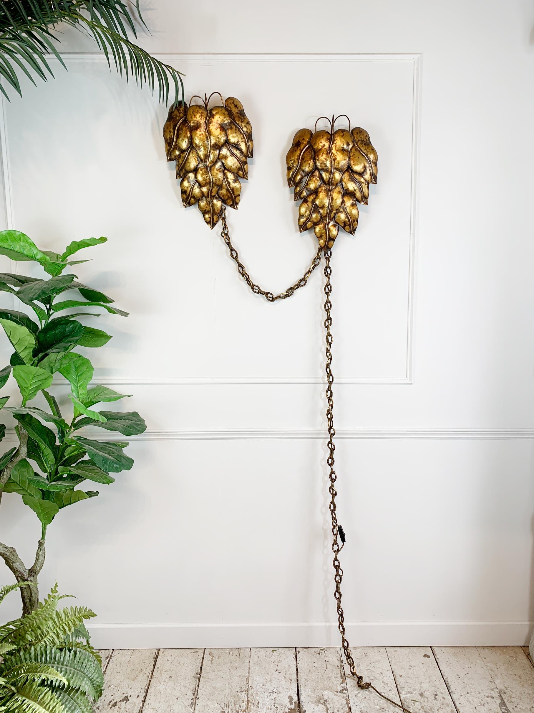 Pair of Gold Italian Leaf and Chain Swag Wall Lights, 1950's For Sale 2