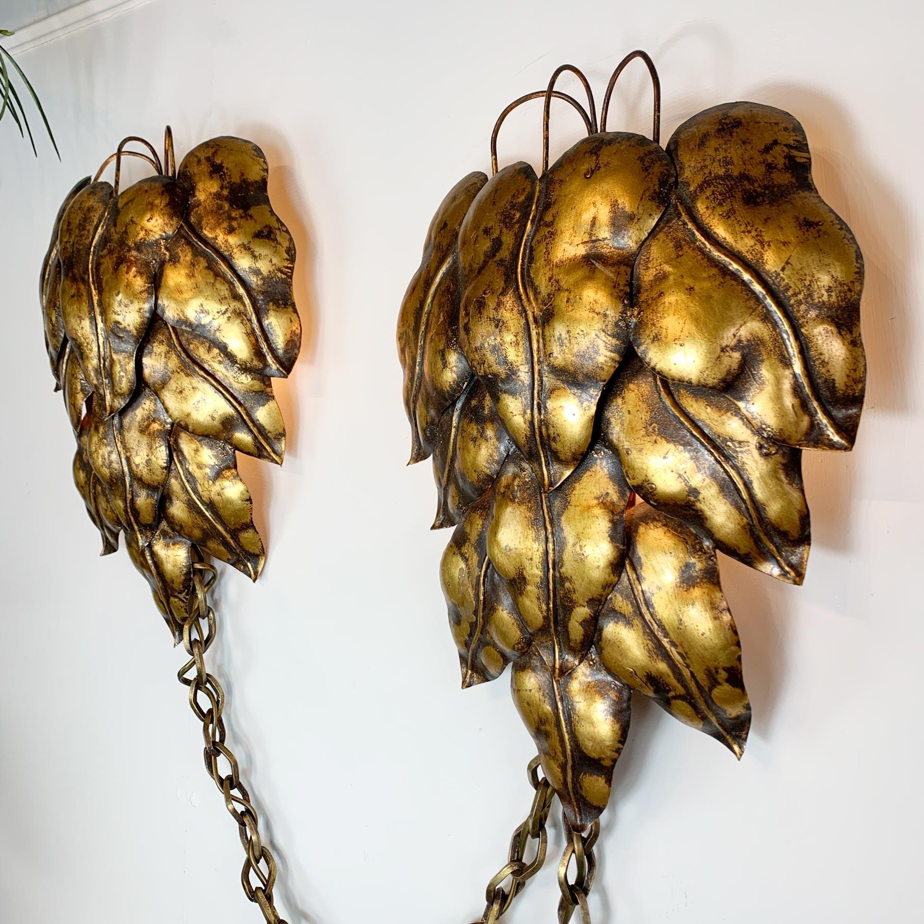 Pair of Gold Italian Leaf and Chain Swag Wall Lights, 1950's For Sale 3