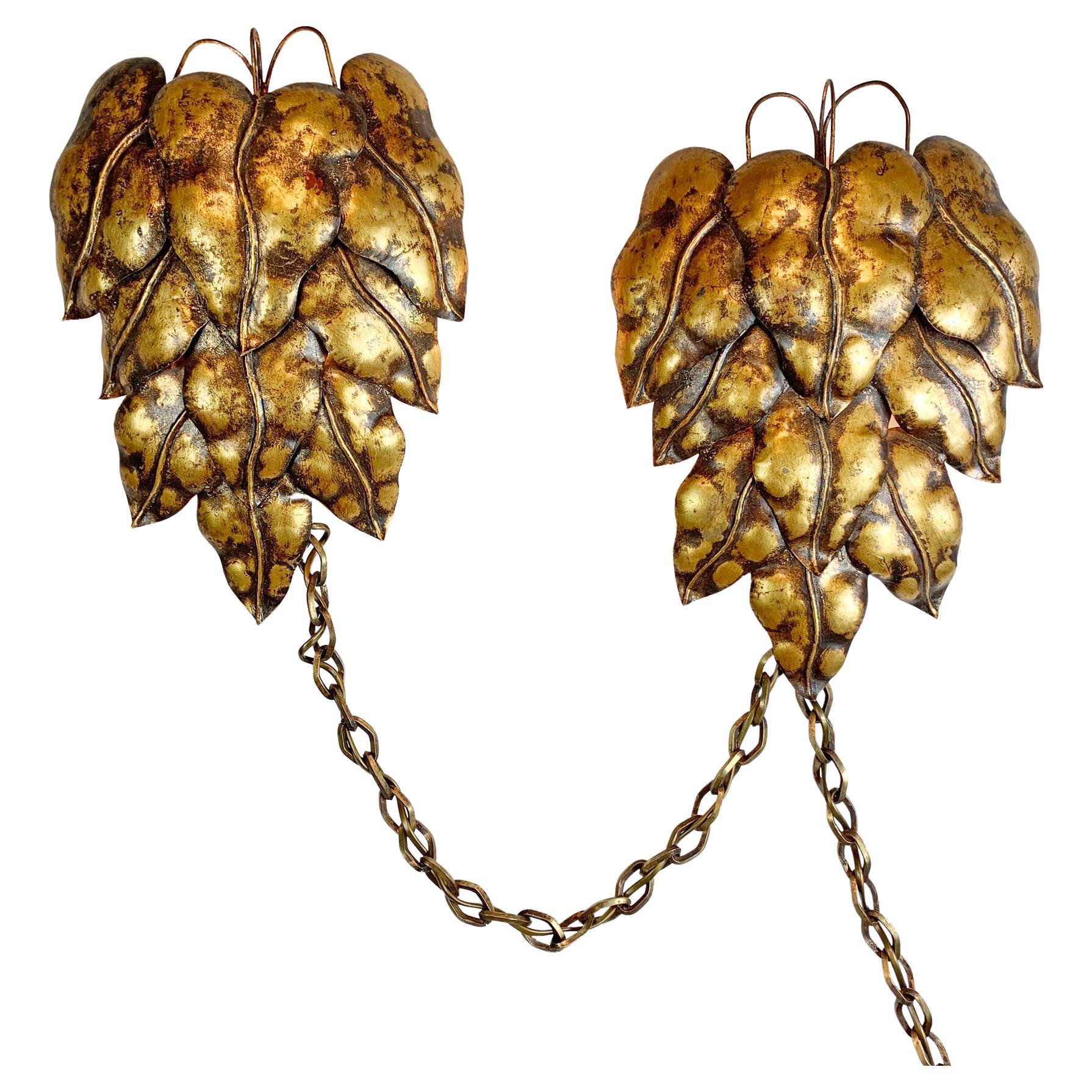 Pair of Gold Italian Leaf and Chain Swag Wall Lights, 1950's For Sale