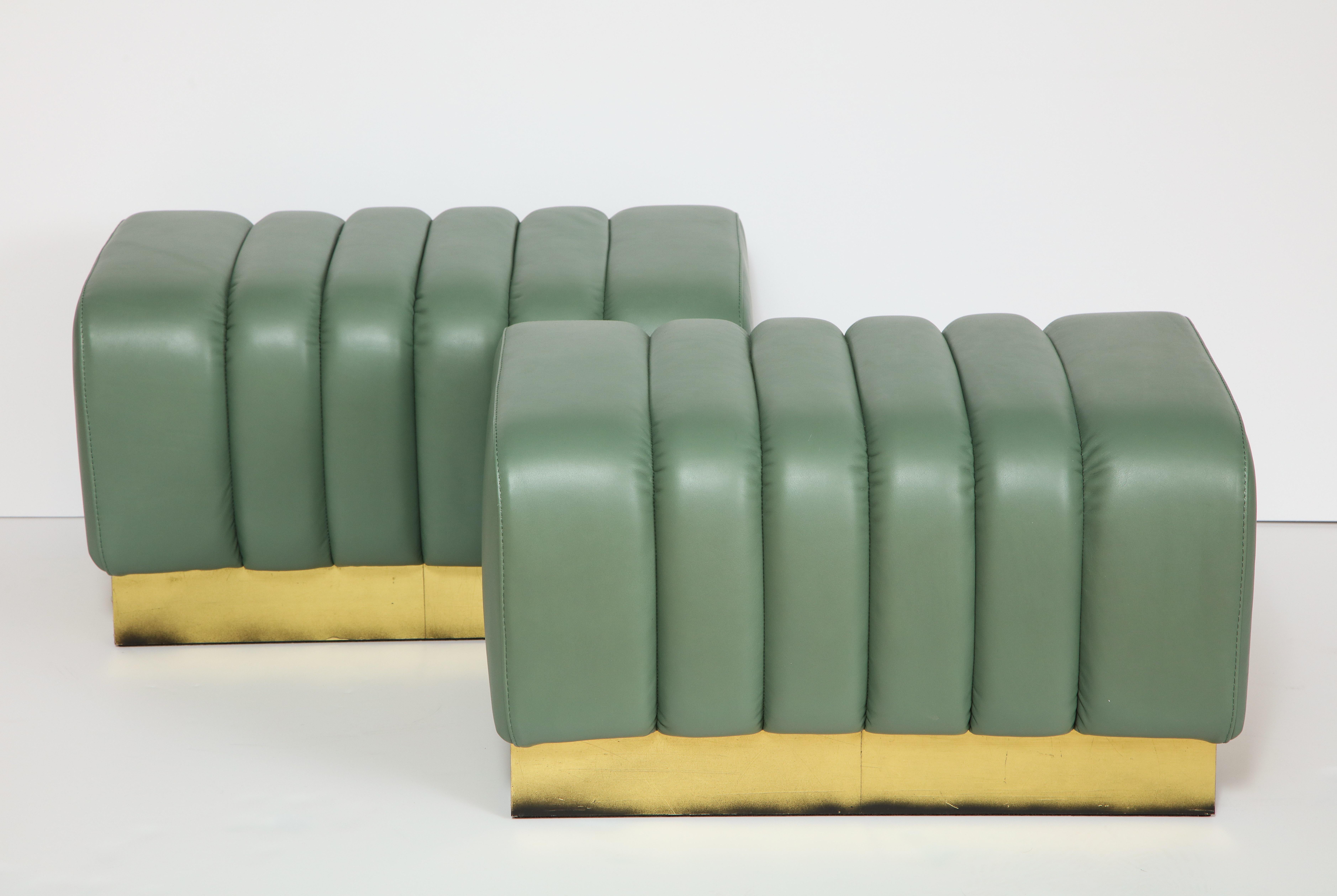 Contemporary Pair of Italian Leather and Brass Stools or Benches, Italy