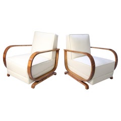 Pair of Italian Leather and Walnut Art Deco Armchairs